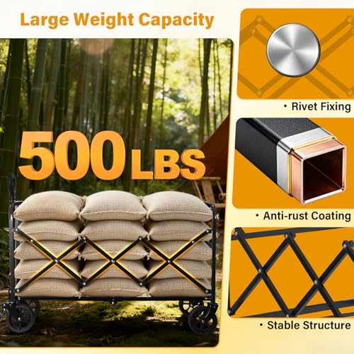 Wagons Carts Foldable,Large Capacity Foldable Wagon Cart Collapsible Wagon with Wheels & Drink Holders,Heavy Duty Utility Folding Cart for Camping Garden Grocery Shopping - size: 500 lbs