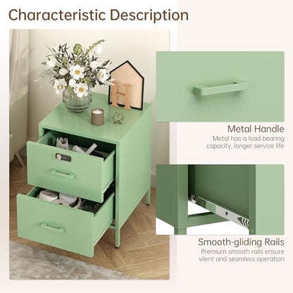 Steehoom Metal Nightstand with Lock, 2 Drawer End Side Table, Lockable Storage Cabinet Kids Cabinet for Living Room, Bedroom, Dorm, 21.26”H X 15.75”W X 15.75”D (2 Drawer, Green) - color: Green, style: 2 Drawer