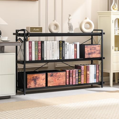 HCHQHS Bookshelf, 3-Tier Long Industrial Bookcase, Black Open Book Shelf, Freestanding Horizontal Bookshelves with Metal Frame - color: Ebony Black, size: 3-Tier (56.7"W x 35.8"H)