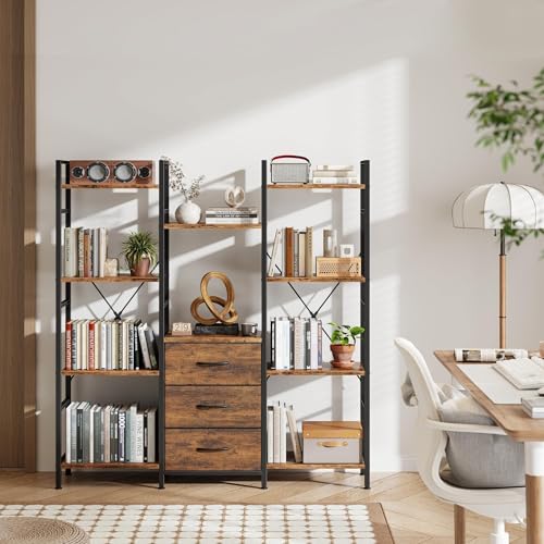 AFLUI Triple Bookshelf with 3 Fabric Drawers, 4-Tier Book Shelf and 10 Display Shelves, Industrial Large Bookcase for Home & Office, Rustic Brown, 47'' Wide - color: Rustic Brown, size: 4 Tier(47" W)
