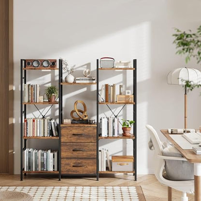 AFLUI Triple Bookshelf with 3 Fabric Drawers, 4-Tier Book Shelf and 10 Display Shelves, Industrial Large Bookcase for Home & Office, Rustic Brown, 47'' Wide - color: Rustic Brown, size: 4 Tier(47" W)