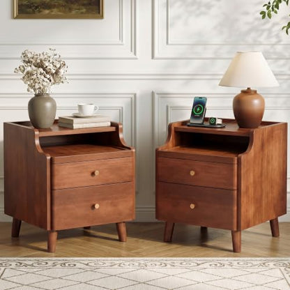 Nightstand Set of 2, Pre-Assembled, 19.7“H Solid Wood Night Stand with 2 Drawers, Open Sliding Shelf, Mid Century Modern Small Bedside Table for Bedroom, Walnut 16" - color: Walnut-2pack, size: 16"