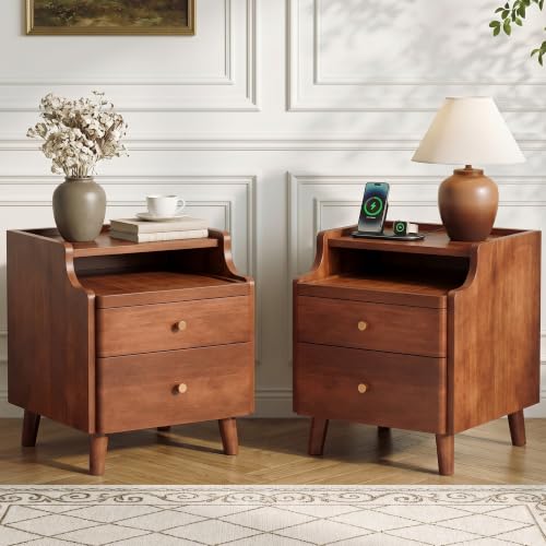 Nightstand Set of 2, Pre-Assembled, 19.7“H Solid Wood Night Stand with 2 Drawers, Open Sliding Shelf, Mid Century Modern Small Bedside Table for Bedroom, Walnut 16" - color: Walnut-2pack, size: 16"