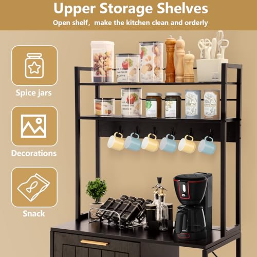 Kitchen Bakers Rack with Storage Shelf - 6-Tier Microwave Stand Oven Cabinet W/Tilting Trash Can Bin and Power Outlet, Farmhouse Thickened Coffee Bar Table Station W/6 Hooks&Adjustable feet - color: Black