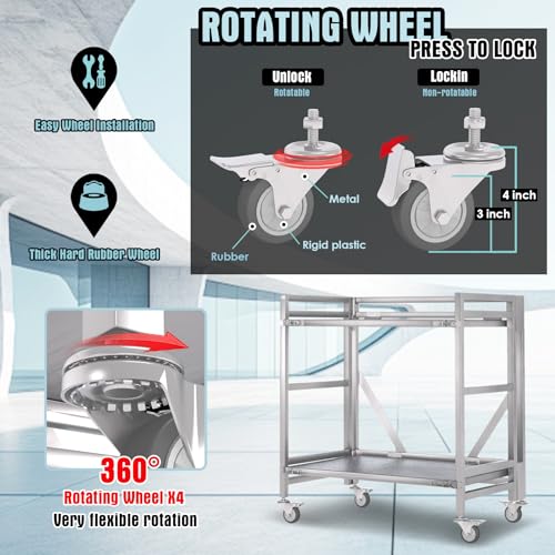 2 Shelf Rolling Cart with Wheels, 660lbs Capacity Collapsible Steel Rolling Utility Cart, Heavy-Duty Foldable Workbench, Metal Rolling Storage Cart with Handle for Groceries, Warehouse (36" Lx26 W) - color: Plate 660lbs Capacity