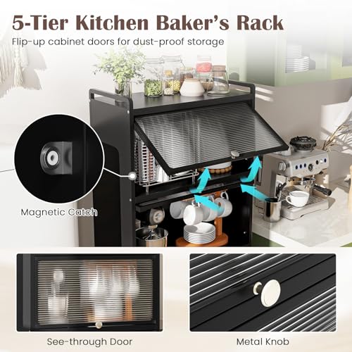 LDAILY 5-Tier Kitchen Storage Cabinet, Mobile Microwave Stand with Metal Frame, Double Anti-toppling Device, 4 Rolling Casters, Freestanding Bakers Rack for Kitchen, Dining Room, Living Room (Black) - color: Black