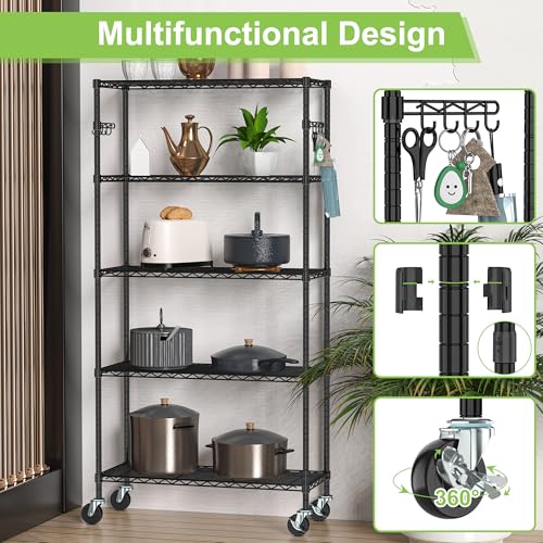 5 Tier Wire Metal Shelving Rack Garage Storage Rolling Shelves with Wheels | Heavy Duty Adjustable Industrial Shelve Steel Sturdy Utility Shelving for Kitchen Garage Pantry Bathroom Laundry - size: 5-Tier Metal Shelf（36L x 14W x 75H）