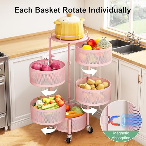 SAYZH Fruit Vegetable Basket for Kitchen, Rotating Storage Rack, 5 Tier Rolling Cart with top lid, Large Metal Wire Wheels, Pink - color: Pink