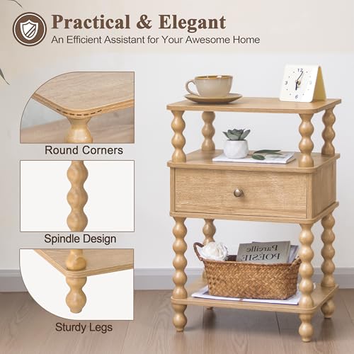 AWASEN Night Stand with Drawer, Bedside Table with Storage, 3-Tier Small Nightstand End Table for Bedroom with Solid Wood Spindle Legs, Rustic Walnut - color: Rustic Walnut
