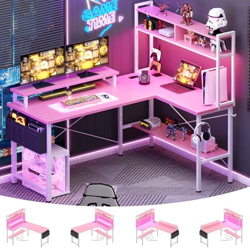 Aheaplus L Shaped Gaming Desk with Power Outlets & LED Lights, Small L- Shaped Desk Computer Corner Desk with Monitor Stand & Storage Shelf, Home Office Desk Writing Desk with Storage Bag, Pink - color: Pink