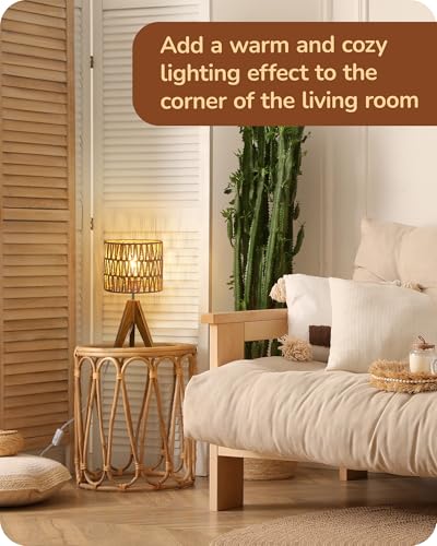 EDISHINE Small Table Lamp, Rattan Wood Tripod Bedside Lamp, Boho Nightstand Lamp for Living Room, End Table, Office, E26 Base, Natural Style - color: Rosewood Color&W-pattern Shade