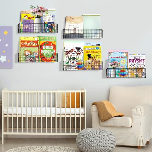 5-Pack Black Metal Wall Mounted Kids Bookshelf, Modern Style, 5 Shelves, Hanging Book Shelf Organizer for Kids Room, Bedroom, Kitchen, Nursery - color: Black