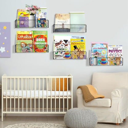 5-Pack Black Metal Wall Mounted Kids Bookshelf, Modern Style, 5 Shelves, Hanging Book Shelf Organizer for Kids Room, Bedroom, Kitchen, Nursery - color: Black