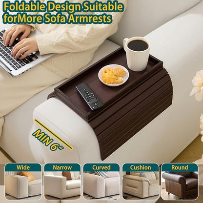 Bamboo Couch Arm Tray Table，Foldable Sofa Armrest Tray Table for Couch，Flexible and Anti-Slip Couch Arm Cup Holder，Portable Sofa Arm Chair Table for Drink,Cups, Eats，Snacks, Phone, Remote - color: Mahogany