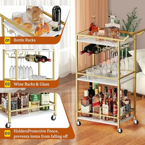 3 Tier Bar Cart Mini Liquor Utility Cart for Wine Beverage Dinner Party | Rolling Wine Coffee Drink Serving Cart with Lockable Wheels for Home Kitchen Bars (Gold) - color: Gold - 11.8"d X 20.8"w X 35.4"h