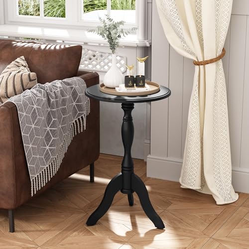 HLR Round Small End Table, Wooden Pedestal Side Coffee Tables, Vintage Accent Nightstand for Living Room, Bedroom, Entryway (1, Black) - color: Black