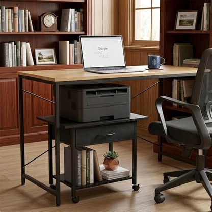 22" x 15" Under Desk Rolling Printer Stand, 2-Tier Industrial Mobile Printer Table with Strong Fabric Drawer, Storage Shelf, Steel Frame and Lockable Wheels, Printer Cart for Home Office (Black) - color: Black