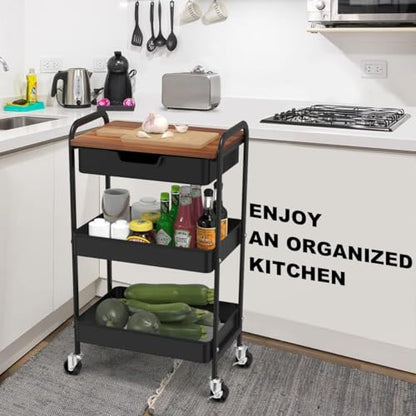 3 Tier Rolling Cart with Drawer, Metal Utility Cart with Table Top | Storage Cart with Locking Wheels, Kitchen Cart Art Cart Organizer for Bathroom, Office, Balcony, Living Room, Classroom - color: Black