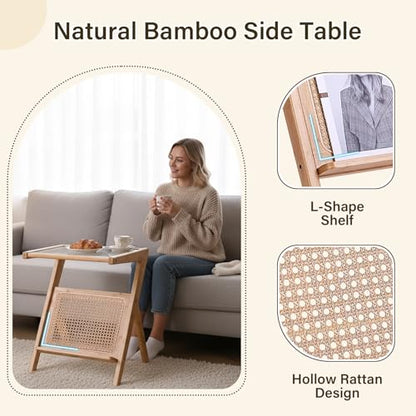 Tiita Rattan Side Table, Mid Century Nightstand, Bamboo Accent Bedside Tables, Glass Coffee Tables, Boho Wooden End Table with Storage for Small Space, Living Room and Bedroom - color: Rattan-s-wood
