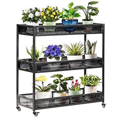Heavy-Duty Plant Stand Outdoor Aluminum with Wheels | Waterproof Rust-Resistant Metal Plant Rack, High Capacity Moving Garden Cart for Patio Garden Balcony