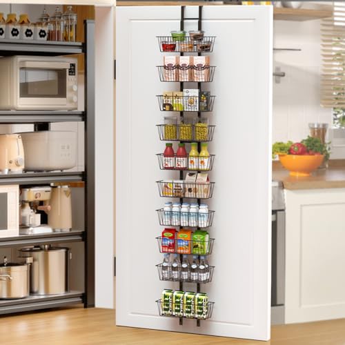 10 Tier Over the Door Pantry Organizer, Over the Door Organizer with Adjustable Baskets, Metal Hanging Door Pantry Organizers and Storage for Kitchen Bathroom Bedroom, Black - color: Black, size: 10-Tier