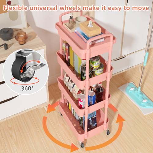 Calmootey 4-Tier Rolling Utility Cart with Drawer,Multifunctional Storage Organizer with Plastic Shelf & Metal Wheel,Storage Cart for Kitchen,Bathroom,Living Room,Office,Pink | Space-Saving Organizer, Sturdy Plastic Shelves, Smooth-Rolling Metal Wheels, B