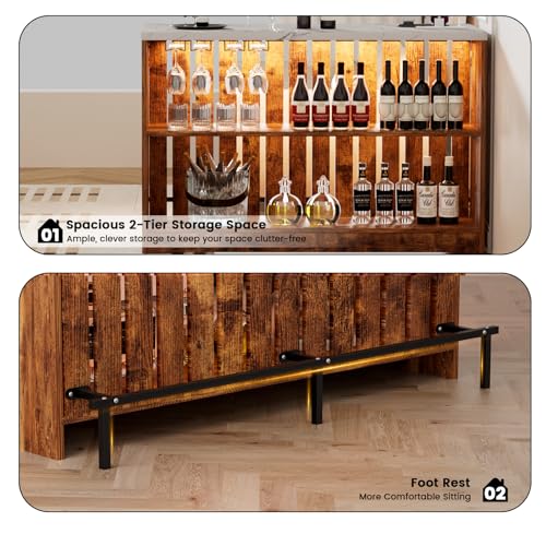 Home Bar Unit with LED Lights and Charging Station, Imitation Marble Mini Coffee Bar Pub Table with 2-Tier Storage, Footrest, Drop Leaf Kitchen Islands for Dining Room, Bistro, Living Room