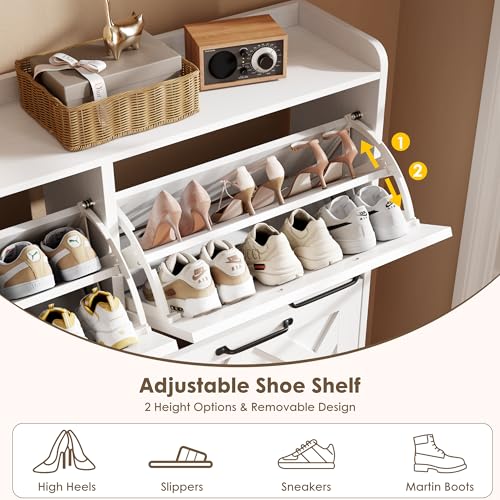 Shoe Cabinet with 4 Flip Drawers, Freestanding Shoe Organizer Cabinet with Metal Legs, Farmhouse Slim Shoe Rack Cabinet for Entryway, Foyer, Hallway, White - color: Pure White