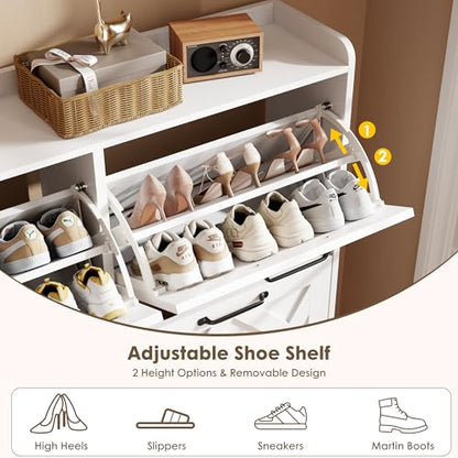 Shoe Cabinet with 4 Flip Drawers, Freestanding Shoe Organizer Cabinet with Metal Legs, Farmhouse Slim Shoe Rack Cabinet for Entryway, Foyer, Hallway, White - color: Pure White