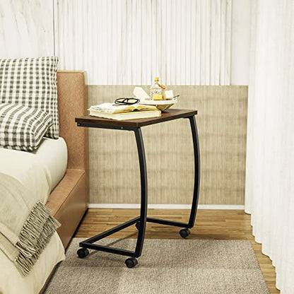 SRIWATANA Side Table, C-Shaped End Table with Rolling Wheels,Rustic Sofa Couch Table for Laptop Coffee Snack, Dark Walnut - color: Dark Walnut W/ Caster