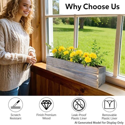 Wood Window Box Planter, 2 Pcs Planter Boxes with Removable Plastic Liners | 17.3 x 3.9 x 3.9 Inches, Herb Succulents Flowers Wooden Pot for Windowsill, Rustic Wedding Garden Table Decor, Rectangular