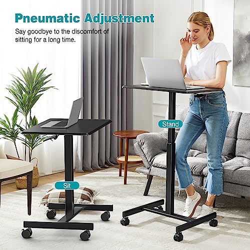 DUMOS Small Standing Desk with Wheels, Laptop Desk, 19 Inch | Portable Rolling Design, Adjustable Height Workstation, Home Office Mobile Station, Black - color: Ink