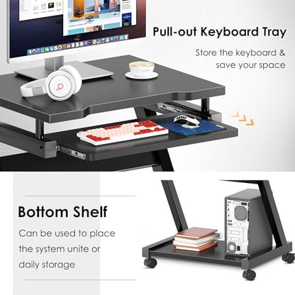 sogesfurniture Mobile Computer Desk, Small Rolling Work Workstation for Home and Office with Printer Shelf, Keyboard Drawers,23.6 x 18.9 x 28.7 Inches,BHUS-DX-8110-BB(Black) - color: Black