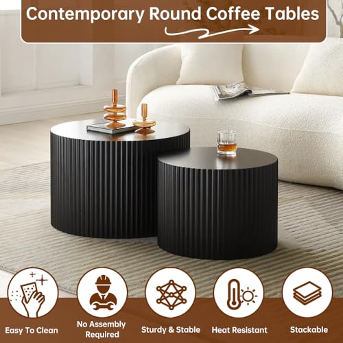 Black Nesting Coffee Table Set of 2 Modern Round Fluted Coffee Table Small Round End Table Side Table Circular Coffee Tables Circle Nested Coffee Tables for Living Room (Black Large) - color: Black Large