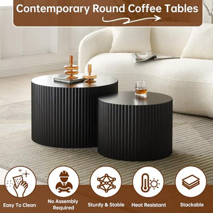 Black Nesting Coffee Table Set of 2 Modern Round Fluted Coffee Table Small Round End Table Side Table Circular Coffee Tables Circle Nested Coffee Tables for Living Room (Black Large) - color: Black Large