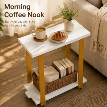 Transitional Narrow End Table, 2-Tier Rustic Side Table with Storage Shelves, Modern Farmhouse Industrial Nightstand for Living Room, Bedroom, Small Spaces, Couch, White/Gold - color: White+gold