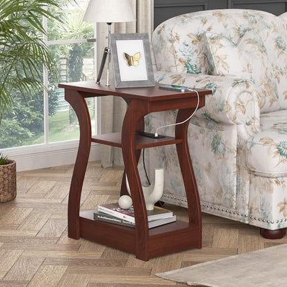 FROMJBEST End Tables Living Room, Cherry End Table with Charging Station | Side Table Living Room, with USB Ports and Outlets, Nightstand for Bedroom, 3-Tier Storage Shelf, Bedside Table - color: Cherry