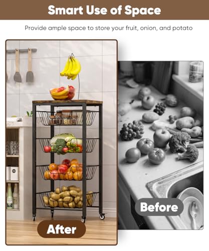 Fruit Vegetable Storage Cart for Kitchen, 5-Tier Vegetable Stand Rack with Pull-Out Fruit Baskets, Rolling Snack Cart with Wood Top & Banana Holder for Pantry, Living Room, Bathroom, Black - style: Black