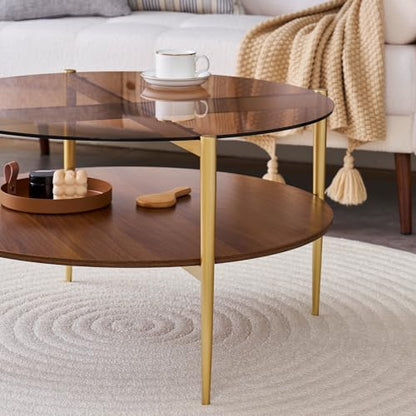 LumFurn Round Coffee Table, Mid-Century Modern Design, D30 x H17, for Living Room, 2-Tier Structure, Amber Glass Top and Walnut MDF Shelf, Sleek Conical Metal Legs with Gold Finish - color: Amber & Walnut, size: D30" Round Coffee Table