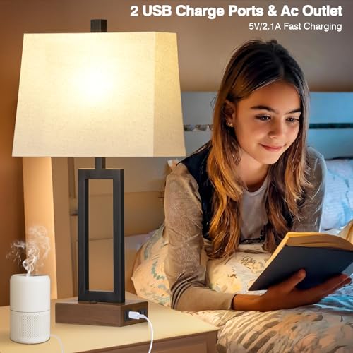 Rinweey 23.5" Table Lamps Set of 2, Modern Black Bedside Lamps with 2 USB Ports & AC Outlet, Contemporary Nightstand Lamps with Wood Base for Bedroom Living Room(LED Bulb Included) - color: Black