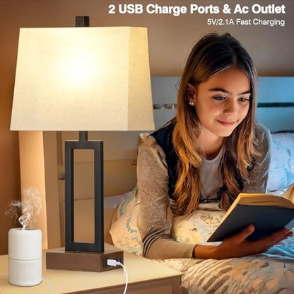 Rinweey 23.5" Table Lamps Set of 2, Modern Black Bedside Lamps with 2 USB Ports & AC Outlet, Contemporary Nightstand Lamps with Wood Base for Bedroom Living Room(LED Bulb Included) - color: Black