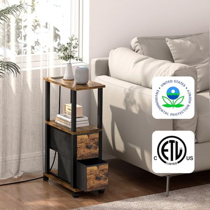 TUTOTAK Small Narrow End Tables, Side Tables with 2 Fabric Drawers, Set of 2, Bedside Tables with Charging Station for Small Spaces, Slim Nightstands with USB Ports and Wheels, TB01BB053C - color: Brown and Black, style: with Outlets