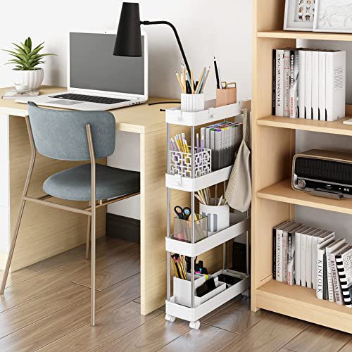 4 Tier Slim Storage Cart Mobile Shelving Unit Organizer Slide Out Storage Rolling Utility Cart Tower Rack for Kitchen Bathroom Laundry Narrow Places, Plastic & Stainless Steel, White