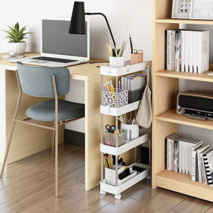 4 Tier Slim Storage Cart Mobile Shelving Unit Organizer Slide Out Storage Rolling Utility Cart Tower Rack for Kitchen Bathroom Laundry Narrow Places, Plastic & Stainless Steel, White