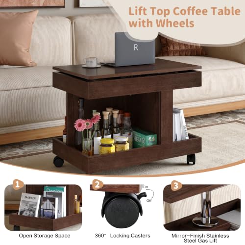 Multifunctional End Table with Wheels and 360° Rotating Desktop | Rolling Design, Storage Compartment, Sofa Side Narrow Table, Bedside Use, Living Room & Bedroom - color: Walnut-7.15