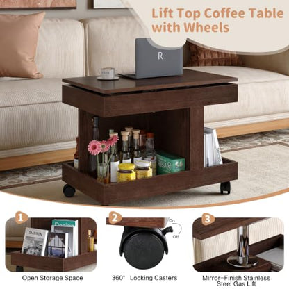 Multifunctional End Table with Wheels and 360° Rotating Desktop | Rolling Design, Storage Compartment, Sofa Side Narrow Table, Bedside Use, Living Room & Bedroom - color: Walnut-7.15