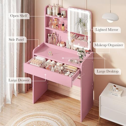 Memobarco Small Vanity Desk with Mirror and Lights, Makeup Vanity with Drawer & Storage Shelves, Vanity Desk with 3 Lighting Modes & Adjustable Brightness, Dressing Table for Women Girls Bedroom, Pink - color: Pink