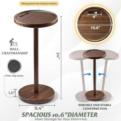 BLUEWEST Drink Table, 24.4" Tall Compact Side Table with Phone Slot and Weighted Base, Durable Pedestal Table Accent for Living Room (Flat, Walnut) - color: Large Walnut