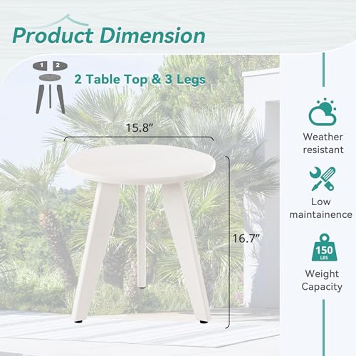 HDPE White Round Outdoor Table, Weather-Resistant, 15.8x15.8x16.7 inches, 150lbs Load Capacity, Modern Design, End Table for Patio, Porch, Deck, Living Room, Bedroom, Plant Stand | Outdoor Round Accent Table For Patio,Porch,Garden,Companion to your Chairs