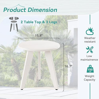 HDPE White Round Outdoor Table, Weather-Resistant, 15.8x15.8x16.7 inches, 150lbs Load Capacity, Modern Design, End Table for Patio, Porch, Deck, Living Room, Bedroom, Plant Stand | Outdoor Round Accent Table For Patio,Porch,Garden,Companion to your Chairs